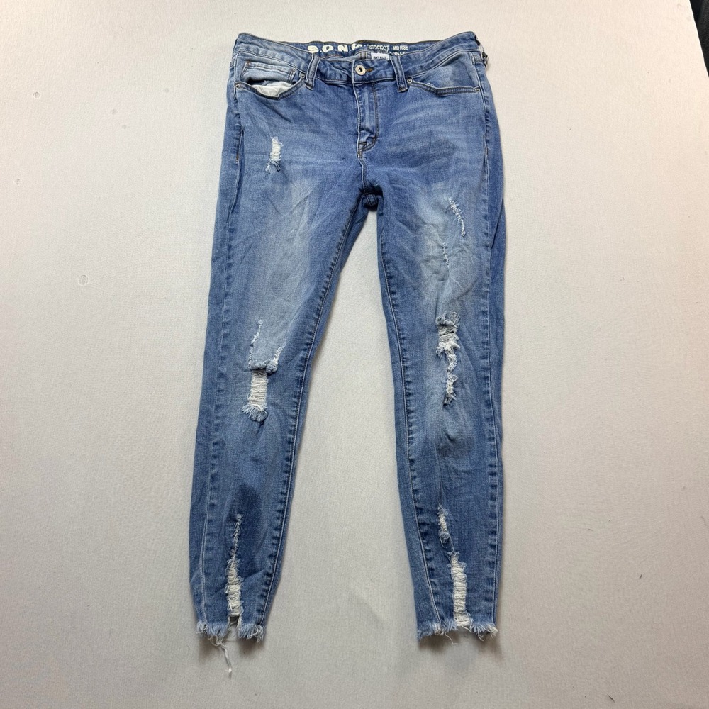 S.O.N.G. Skinny Ankle Jeans Womens Size 13/31 Blue Excellent Distressed Step Hem